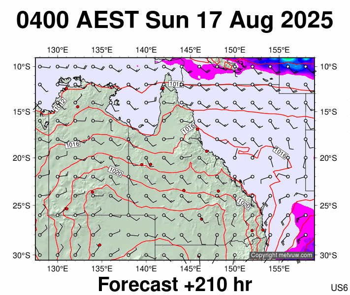 Queensland forecast chart for Saturday, August 16th, 2025 at 6:00 PM