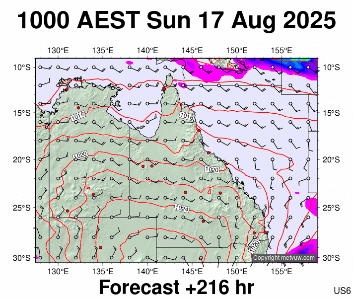 Queensland forecast chart for Sunday, August 17th, 2025 at 12:00 AM