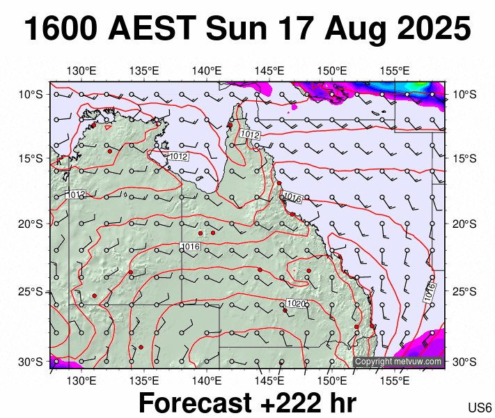 Queensland forecast chart for Sunday, August 17th, 2025 at 6:00 AM