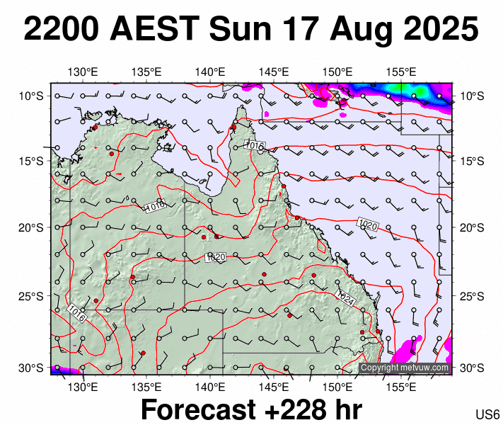 Queensland forecast chart for Sunday, August 17th, 2025 at 12:00 PM