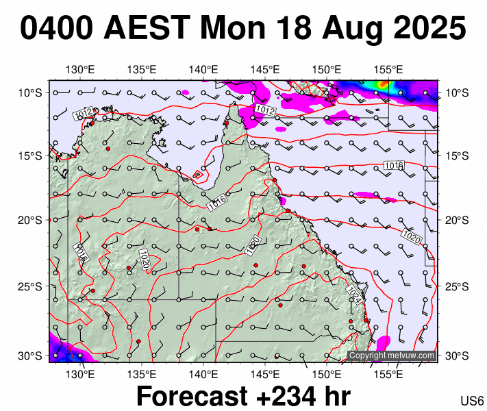 Queensland forecast chart for Sunday, August 17th, 2025 at 6:00 PM