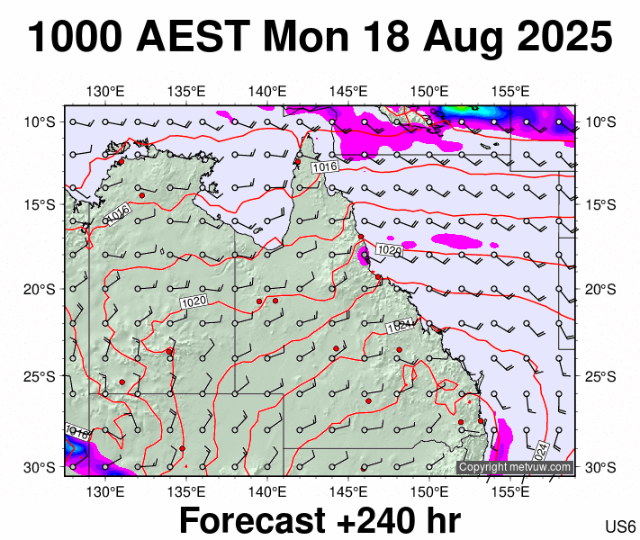 Queensland forecast chart for Monday, August 18th, 2025 at 12:00 AM