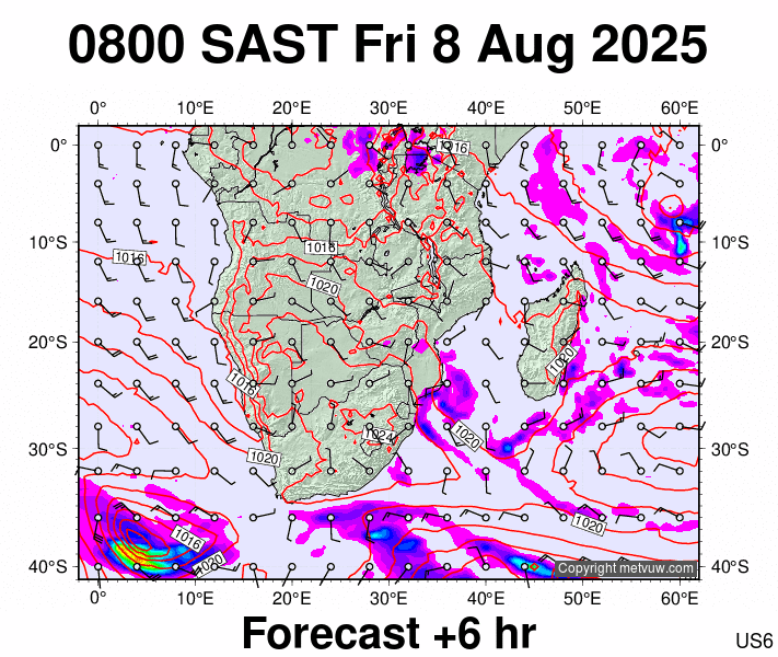 South Africa forecast chart for Friday, August 8th, 2025 at 6:00 AM