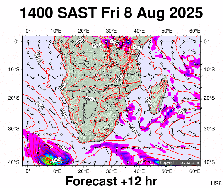 South Africa forecast chart for Friday, August 8th, 2025 at 12:00 PM