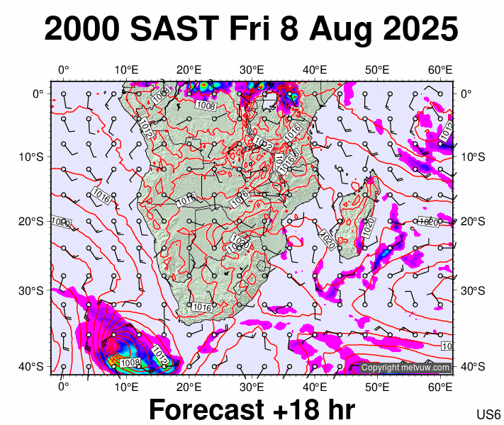 South Africa forecast chart for Friday, August 8th, 2025 at 6:00 PM
