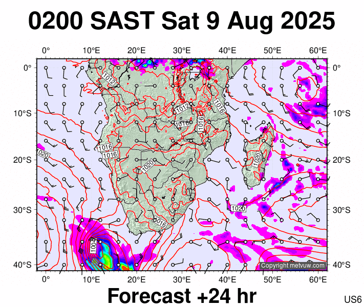 South Africa forecast chart for Saturday, August 9th, 2025 at 12:00 AM