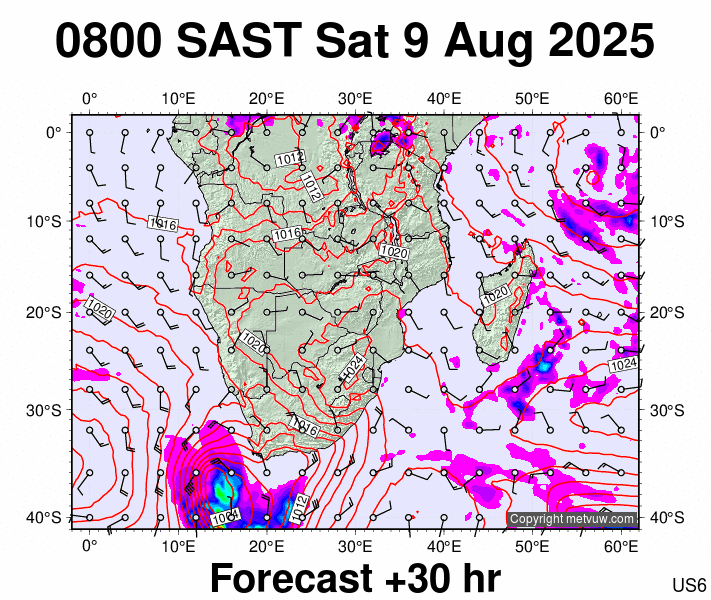 South Africa forecast chart for Saturday, August 9th, 2025 at 6:00 AM