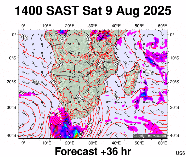 South Africa forecast chart for Saturday, August 9th, 2025 at 12:00 PM