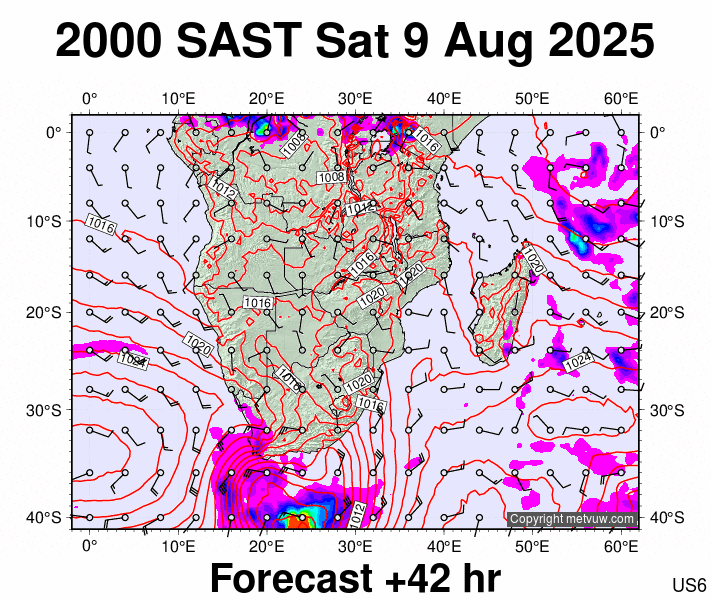 South Africa forecast chart for Saturday, August 9th, 2025 at 6:00 PM