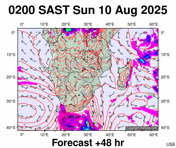 South Africa forecast chart for Sunday, August 10th, 2025 at 12:00 AM