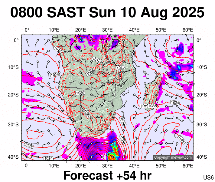 South Africa forecast chart for Sunday, August 10th, 2025 at 6:00 AM