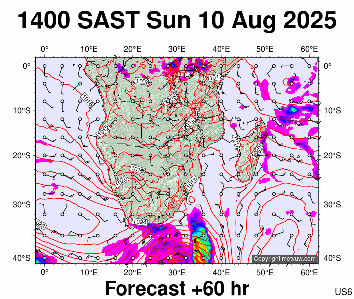 South Africa forecast chart for Sunday, August 10th, 2025 at 12:00 PM