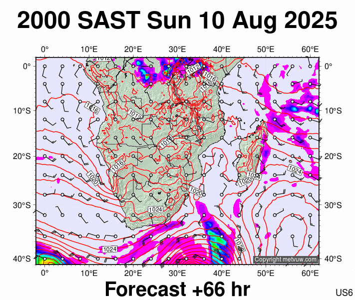 South Africa forecast chart for Sunday, August 10th, 2025 at 6:00 PM