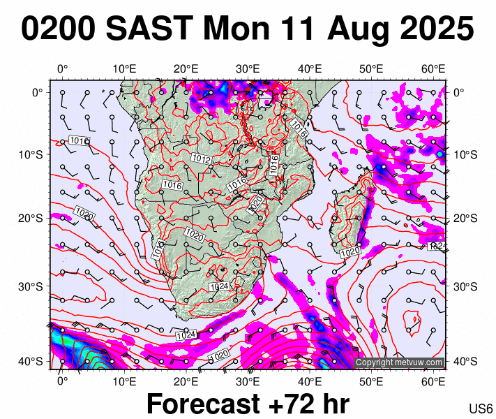 South Africa forecast chart for Monday, August 11th, 2025 at 12:00 AM