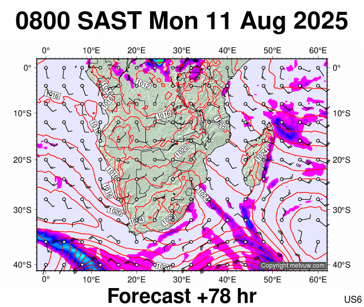 South Africa forecast chart for Monday, August 11th, 2025 at 6:00 AM