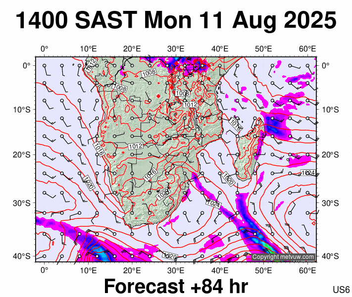 South Africa forecast chart for Monday, August 11th, 2025 at 12:00 PM