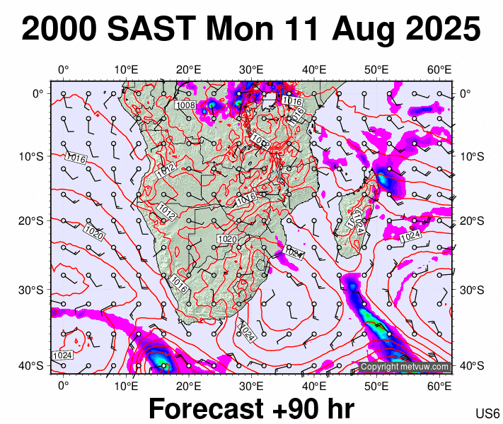 South Africa forecast chart for Monday, August 11th, 2025 at 6:00 PM