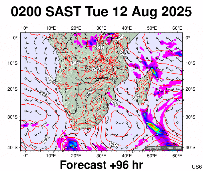 South Africa forecast chart for Tuesday, August 12th, 2025 at 12:00 AM