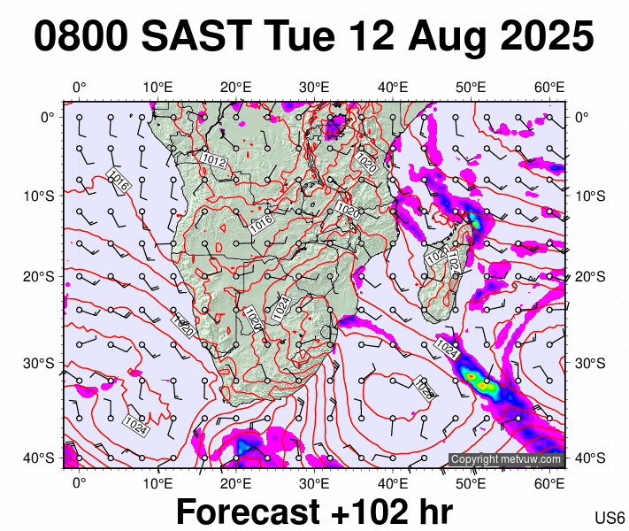 South Africa forecast chart for Tuesday, August 12th, 2025 at 6:00 AM
