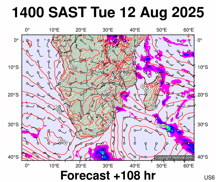 South Africa forecast chart for Tuesday, August 12th, 2025 at 12:00 PM