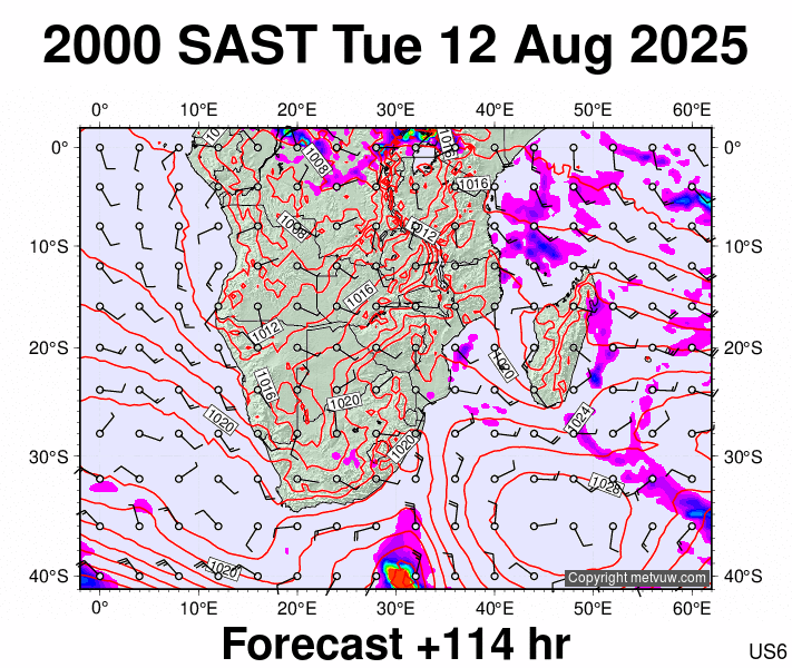 South Africa forecast chart for Tuesday, August 12th, 2025 at 6:00 PM