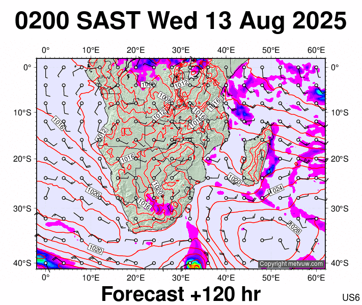 South Africa forecast chart for Wednesday, August 13th, 2025 at 12:00 AM