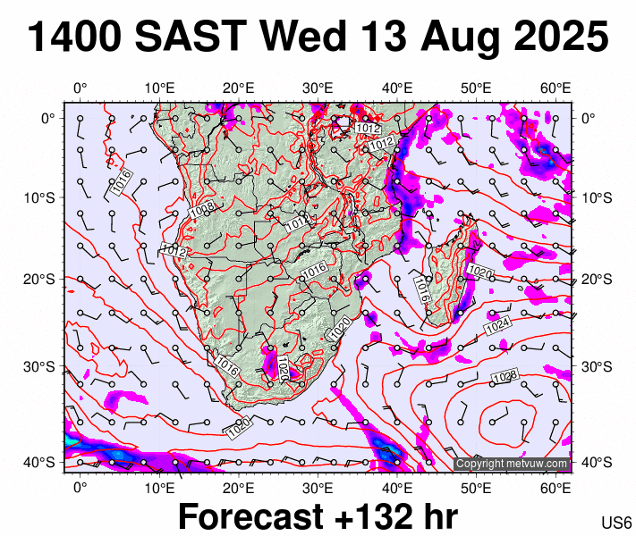 South Africa forecast chart for Wednesday, August 13th, 2025 at 12:00 PM