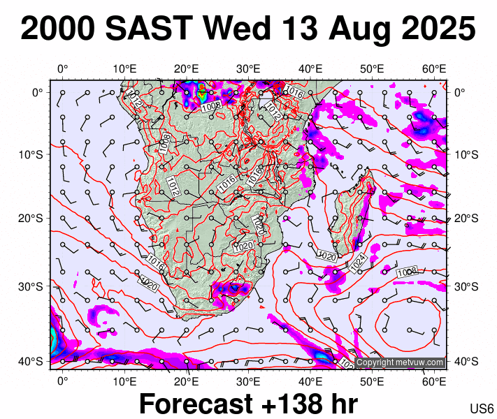 South Africa forecast chart for Wednesday, August 13th, 2025 at 6:00 PM