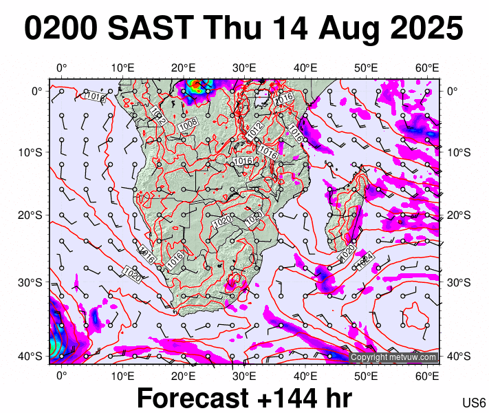 South Africa forecast chart for Thursday, August 14th, 2025 at 12:00 AM