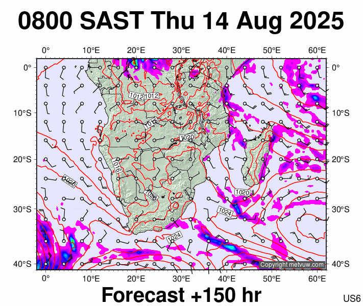 South Africa forecast chart for Thursday, August 14th, 2025 at 6:00 AM