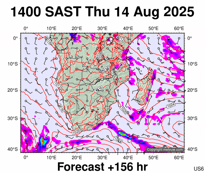 South Africa forecast chart for Thursday, August 14th, 2025 at 12:00 PM