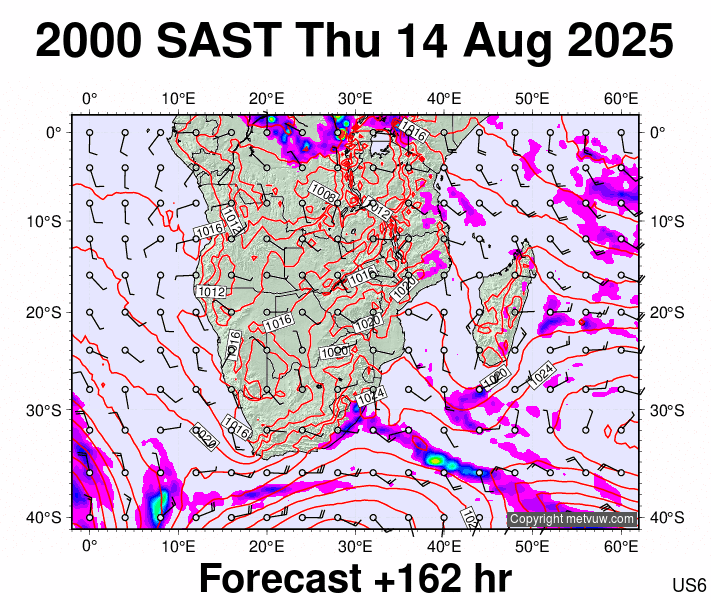 South Africa forecast chart for Thursday, August 14th, 2025 at 6:00 PM