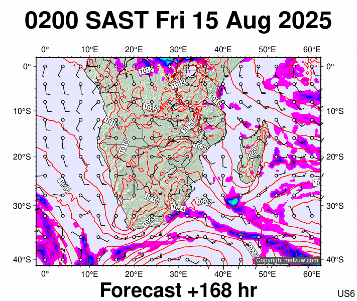 South Africa forecast chart for Friday, August 15th, 2025 at 12:00 AM