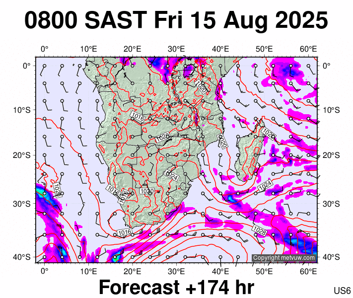 South Africa forecast chart for Friday, August 15th, 2025 at 6:00 AM
