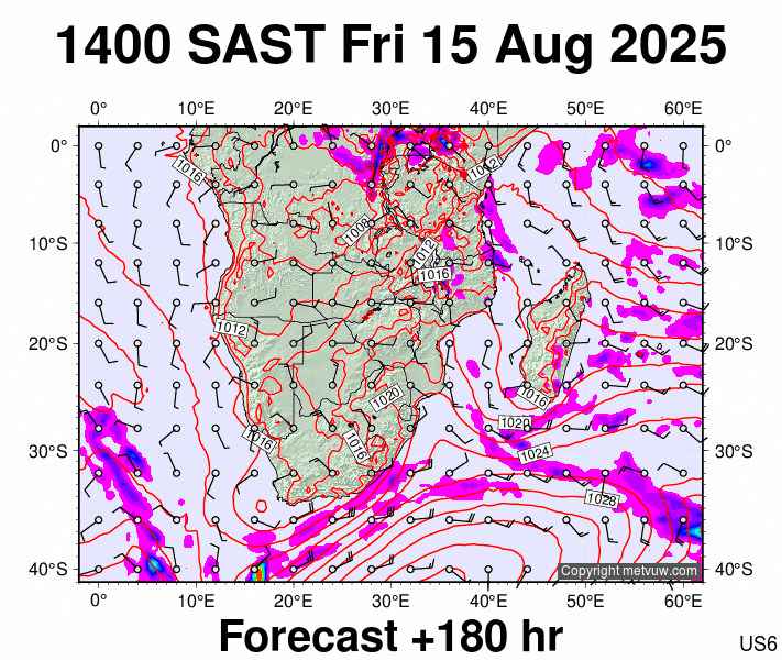 South Africa forecast chart for Friday, August 15th, 2025 at 12:00 PM