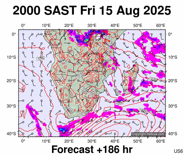 South Africa forecast chart for Friday, August 15th, 2025 at 6:00 PM