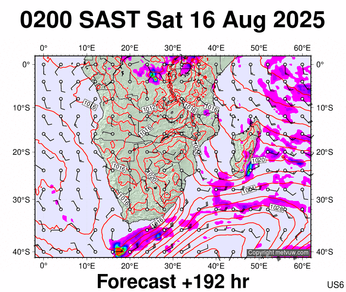 South Africa forecast chart for Saturday, August 16th, 2025 at 12:00 AM