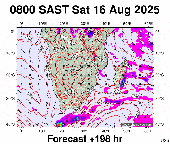 South Africa forecast chart for Saturday, August 16th, 2025 at 6:00 AM