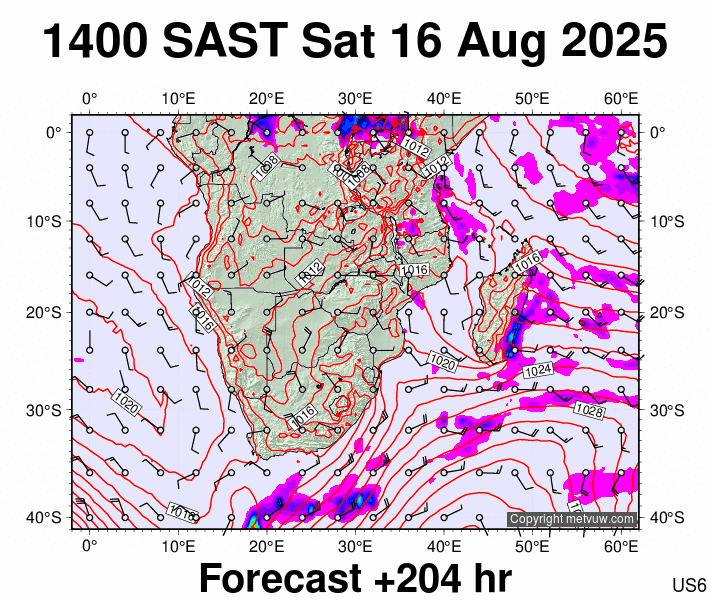 South Africa forecast chart for Saturday, August 16th, 2025 at 12:00 PM