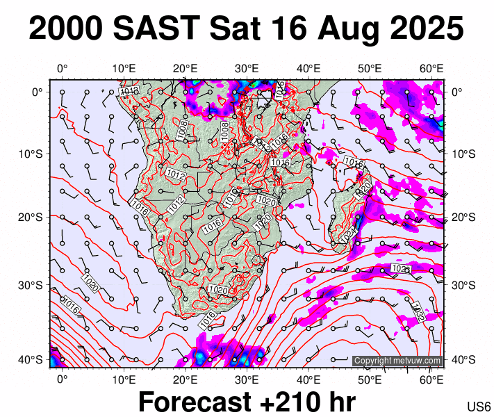South Africa forecast chart for Saturday, August 16th, 2025 at 6:00 PM