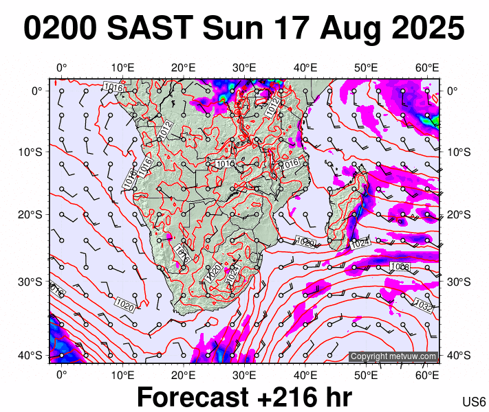 South Africa forecast chart for Sunday, August 17th, 2025 at 12:00 AM