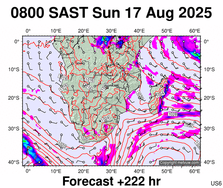South Africa forecast chart for Sunday, August 17th, 2025 at 6:00 AM