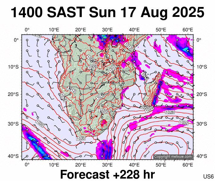 South Africa forecast chart for Sunday, August 17th, 2025 at 12:00 PM