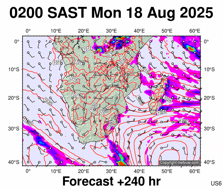 South Africa forecast chart for Monday, August 18th, 2025 at 12:00 AM
