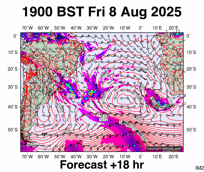 South Atlantic forecast chart for Friday, August 8th, 2025 at 6:00 PM
