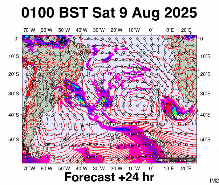 South Atlantic forecast chart for Saturday, August 9th, 2025 at 12:00 AM