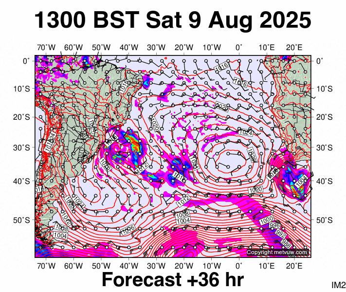 South Atlantic forecast chart for Saturday, August 9th, 2025 at 12:00 PM