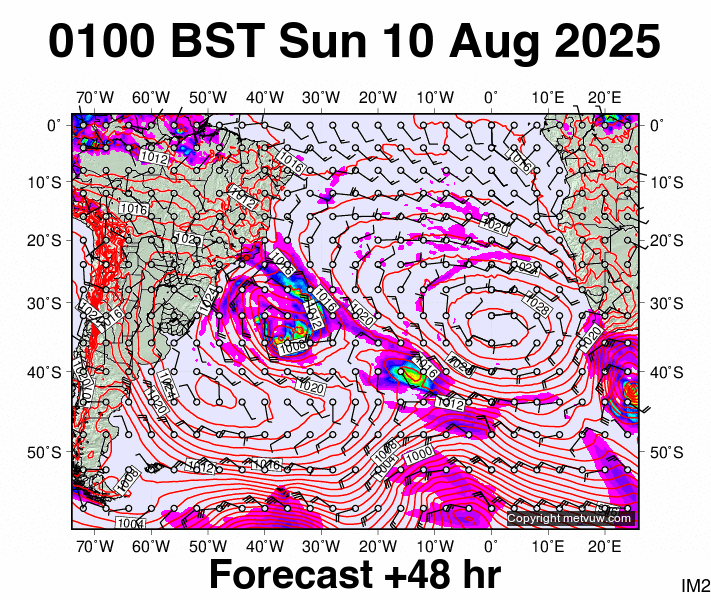 South Atlantic forecast chart for Sunday, August 10th, 2025 at 12:00 AM
