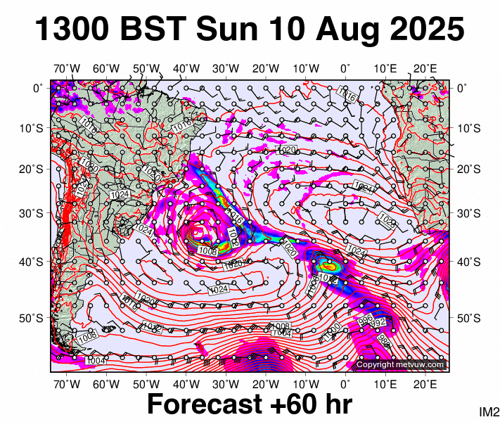 South Atlantic forecast chart for Sunday, August 10th, 2025 at 12:00 PM
