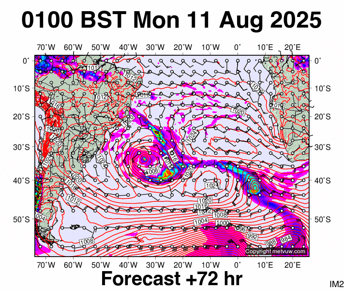 South Atlantic forecast chart for Monday, August 11th, 2025 at 12:00 AM